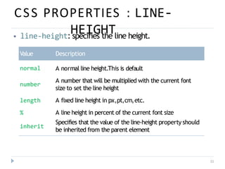 CSS PROPERTIES : LINE-
HEIGHT
11
⦁ line-height: specifies the line height.
Value Description
normal A normal line height.This is default
A number that will be multiplied with the current font
size to set the line height
A fixed line height in px,pt,cm,etc.
A line height in percent of the current font size
Specifies that the value of the line-height property should
be inherited from the parent element
number
length
%
inherit
 