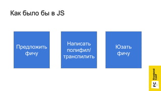 Как было бы в JS
Предложить
фичу
Написать
полифил/
транспилить
Юзать
фичу
 