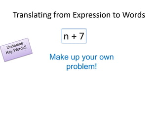 Translating from Expression to Wordsn + 7Underline Key Words!!Make up your own problem!