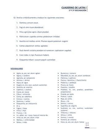 CUADERNO DE LATIN I
1ª Y 2ª DECLINACIÓN
G) Analiza sintácticamente y traduce las siguientes oraciones:
1. Dominus servum vocat.
2. Fagi et ulmi rivum obumbrant.
3. Filius agricolae agnis cibum praebet.
4. Patriciorum superbia animos plebeiorum irritabat.
5. Avaritia est morbus animi. Pluviae aquam puteorum augent.
6. Comas populorum ventus agitabat.
7. Pauli Aemilii victoria praedam et numerum captivorum augebat.
8. Corvi nidos in ripis fluviorum habent.
9. Eloquentia tribuni causam populi sustinebat
VOCABULARIO
 Agito, as, are, avi, atum: agitar.
 Agnus, i: cordero
 Agricola, ae: campesino
 Animus. i: ánimo
 Aqua, ae: agua
 Augeo, es, ere, auxi, auctum: aumentar.
 Avaritia, ae: avaricia.
 Captivus, i: cautivo.
 Causa, ae: causa
 Cibus, i: alimento
 Coma, ae: cabellera
 Corvus, i: cuervo.
 Dominus, i: señor
 Eloquentia, ae: elocuencia
 Et: y
 Fagus, i: haya
 Filius, i: hijo
 Fluvius, i: río
 In + ablat.: en. + acus. hacia el interior de.
 Irrito, as, are, avi, atum: irrtar
 Morbus, i: enfermedad.
 Nidus, i: nido.
 Numerus,i: número
 Obumbro, as, are, avi, atum: sombrear.
 Patricius, i: patricio.
 Paulus, i Aemilius, i: Paulo Emilio
 Plebeius, i: plebeyo
 Pluvia, ae: lluvia
 Populus, i: pueblo
 Praebeo, es, ere, praebui, praebitum:
proporcionar.
 Praeda, ae: botín
 Puteus, i: pozo
 Ripa, ae: orilla.
 Rivus, i: río
 Servus, i: siervo.
 Superbia, ae: orgullo
 Sustineo, es, ere, sustinui, sustentum:
sostener.
 Tribunus, i: tribuno
 Ulmus, i: olmo
 Ventus, i: viento
 Victoria, ae: vistoria.
 Voco, as, are, avi, atum: llamar
 