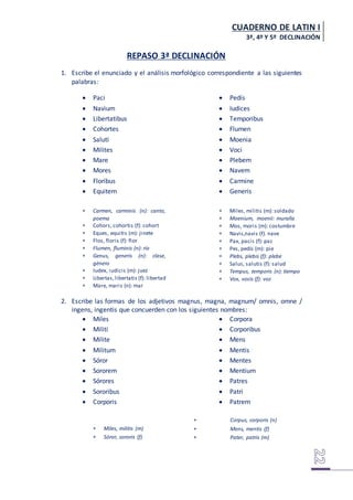 CUADERNO DE LATIN I
3ª, 4º Y 5º DECLINACIÓN
REPASO 3ª DECLINACIÓN
1. Escribe el enunciado y el análisis morfológico correspondiente a las siguientes
palabras:
 Paci
 Navium
 Libertatibus
 Cohortes
 Saluti
 Milites
 Mare
 Mores
 Floribus
 Equitem
 Pedís
 Iudices
 Temporibus
 Flumen
 Moenia
 Voci
 Plebem
 Navem
 Carmine
 Generis
 Carmen, carminis (n): canto,
poema
 Cohors, cohortis (f): cohort
 Eques, equitis (m): jinete
 Flos, floris (f): flor
 Flumen, fluminis (n): río
 Genus, generis (n): clase,
género
 Iudex, iudicis (m): juez
 Libertas,libertatis (f): libertad
 Mare, maris (n): mar
 Miles, militis (m): soldado
 Moenium, moenii: muralla
 Mos, moris (m): costumbre
 Navis,navis (f). nave
 Pax, pacis (f): paz
 Pes, pedís (m): pie
 Plebs, plebis (f): plebe
 Salus, salutis (f): salud
 Tempus, temporis (n): tiempo
 Vox, vocis (f): voz
2. Escribe las formas de los adjetivos magnus, magna, magnum/ omnis, omne /
ingens, ingentis que concuerden con los siguientes nombres:
 Miles
 Militi
 Milite
 Militum
 Sóror
 Sororem
 Sórores
 Sororibus
 Corporis
 Corpora
 Corporibus
 Mens
 Mentis
 Mentes
 Mentium
 Patres
 Patri
 Patrem
 Miles, militis (m)
 Sóror, sororis (f)
 Corpus, corporis (n)
 Mens, mentis (f)
 Pater, patris (m)
 