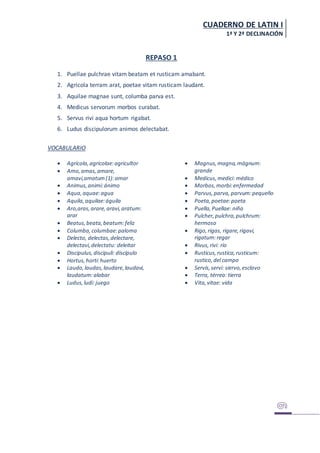 CUADERNO DE LATIN I
1ª Y 2ª DECLINACIÓN
REPASO 1
1. Puellae pulchrae vitam beatam et rusticam amabant.
2. Agricola terram arat, poetae vitam rusticam laudant.
3. Aquilae magnae sunt, columba parva est.
4. Medicus servorum morbos curabat.
5. Servus rivi aqua hortum rigabat.
6. Ludus discipulorum animos delectabat.
VOCABULARIO
 Agrícola,agricolae:agricultor
 Amo,amas,amare,
amavi,amatum(1):amar
 Animus,animi:ánimo
 Aqua,aquae:agua
 Aquila,aquilae:águila
 Aro,aras,arare,aravi,aratum:
arar
 Beatus,beata,beatum:feliz
 Columba,columbae:paloma
 Delecto, delectas,delectare,
delectavi,delectatu: deleitar
 Discipulus,discipuli: discípulo
 Hortus,horti:huerto
 Laudo,laudas,laudare,laudavi,
laudatum:alabar
 Ludus,ludi: juego
 Magnus,magna,mágnum:
grande
 Medicus, medici: médico
 Morbos,morbi:enfermedad
 Parvus,parva, parvum:pequeño
 Poeta,poetae:poeta
 Puella,Puellae: niña
 Pulcher,pulchra,pulchrum:
hermoso
 Rigo,rigas, rigare,rigavi,
rigatum:regar
 Rivus, rivi: río
 Rusticus,rustica,rusticum:
rustico,del campo
 Servís,servi: siervo,esclavo
 Terra, térrea: tierra
 Vita,vitae: vida
 