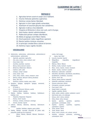 CUADERNO DE LATIN I
1ª Y 2ª DECLINACIÓN
REPASO 2
1. Agricolae terram arant et saepe casis habitant.
2. Iniurias fortunae patientia superamus
3. Dominus servos bonos liberabat.
4. Agricola in silvis lupos gladio vulnerabat.
5. Avaritiam et luxuriam pecunia non satiabimus.
6. Agricola in densa silva laborabit.
7. Hispania et Britannia in Asia non sunt, sed in Europa.
8. Servi hortos domini administrabant.
9. Nubeculae parvae campos obumbrant.
10. Multa et egregia erant Marci libella.
11. Oculi puerorum ludos magnificos spectant.
12. Nostra laetitia inimicos vincemus.
13. In principio creabat Deus caelum et terram.
14. Dominus lupus sagitta necabit.
VOCABULARIO
 Administro, administras, administrare, administravi,
administratum: administrar
 Agricola, agricolae: agricultor
 Aro, aras, arare, aravi, aratum: arar
 Asia, Asiae: Asia
 Avaritia, avaritiae: avaricia
 Bonus, bona, bonum: bueno
 Britannia, Britanniae: Britania
 Caelum, caeli: cielo
 Campus, campi: campo
 Casa, casae: casa
 Creo, creas, creare, creavi, creatum: crear
 Densus, densa, densum: denso, frondoso
 Deus, Dei: Dios
 Dominus, domini: dueño, amo, señor
 Egregius, egregia, egregium: egregio, eminente,
distinguido
 Et (conj): y
 Fortuna, fortunae: fortuna, suerte
 Gladius, Gladis: espada
 Habito, habitas, habitare, habitavi, habitatum:
habitar, vivir
 Hispania, Hispaniae: Hispania
 Hortus, horti: huerto
 Inimicus, inimica, inimicum: enemigo
 Iniuria, iniuriae: injuria
 Laboro, laboras, laborare, laboravi, laboratum:
trabajar
 Laetitia, laetitiae: alegría, gozo, júbilo
 Libella, libellae: moneda (moneda de plata más
pequeña usada por los romanos)
 Libero, liberas, liberare, liberavi, liberatum:
liberar
 Ludus, ludi: juego
 Lupus, lupi: lobo
 Luxuria, luxuriae: lujuria
 Magnificus, magnifica, magnificum:
magnífico
 Marcus, Marci: Marco
 Multus, multa, multum: mucho
 Neco, necas, necare, necavi, necatum
 Noster, nostra, nostrum: nuestro
 Nubecula, nubeculae: nubecilla
 Obumbro, obumbras, obumbrare, obumbravi,
bumbratum: sombrear, oscurecer
 Oculus, oculi: ojo
 Parvus, parva, parvus: pequeño
 Patientia, patientiae: paciencia
 Pecuna, pecuniae: dinero
 Principium, principii: principio
 Puer, pueri: niño
 Saepe (adv): a menudo
 Sagitta, sagittae: flecha
 Satio, satias, satiare, satiavi, satiatum: saciar
 Sed (conj): pero, sin embargo
 Servus, servi: siervo, esclavo
 Silva, silvae: selva, bosque
 Specto, spectas, spectare, spectavi,
spectatum: contemplar, mirar
 Supero, superas, superare, superavi,
superatum: superar
 Terra, terrae: tierra
 Terra, térrae: tierra
 Vinco, vincis, vincere, vici, victum: vencer
 Vulnero, vulneras, vulnerare, vulneravi,
vulneratum: herir
 