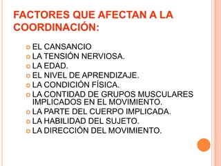 FACTORES QUE AFECTAN A LA COORDINACIÓN:EL CANSANCIOLA TENSIÓN NERVIOSA.LA EDAD.EL NIVEL DE APRENDIZAJE.LA CONDICIÓN FÍSICA.LA CONTIDAD DE GRUPOS MUSCULARES IMPLICADOS EN EL MOVIMIENTO.LA PARTE DEL CUERPO IMPLICADA.LA HABILIDAD DEL SUJETO.LA DIRECCIÓN DEL MOVIMIENTO.