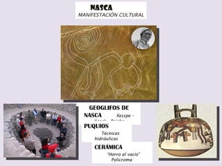 NASCA  MANIFESTACIÓN CULTURAL GEOGLIFOS DE NASCA  Xesspe – Kosok - Reiche PUQUIOS  Técnicas hidráulicas  CERÁMICA   “Horro al vacío” Policroma  