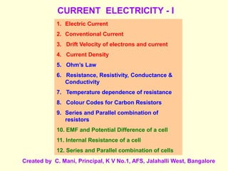 CURRENT ELECTRICITY - I
1. Electric Current
2. Conventional Current
3. Drift Velocity of electrons and current
4. Current Density
5. Ohm’s Law
6. Resistance, Resistivity, Conductance &
Conductivity
7. Temperature dependence of resistance
8. Colour Codes for Carbon Resistors
9. Series and Parallel combination of
resistors
10. EMF and Potential Difference of a cell
11. Internal Resistance of a cell
12. Series and Parallel combination of cells
Created by C. Mani, Principal, K V No.1, AFS, Jalahalli West, Bangalore
 