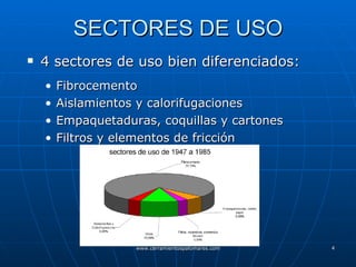 SECTORES DE USO 4 sectores de uso bien diferenciados: Fibrocemento Aislamientos y calorifugaciones Empaquetaduras, coquillas y cartones Filtros y elementos de fricción 