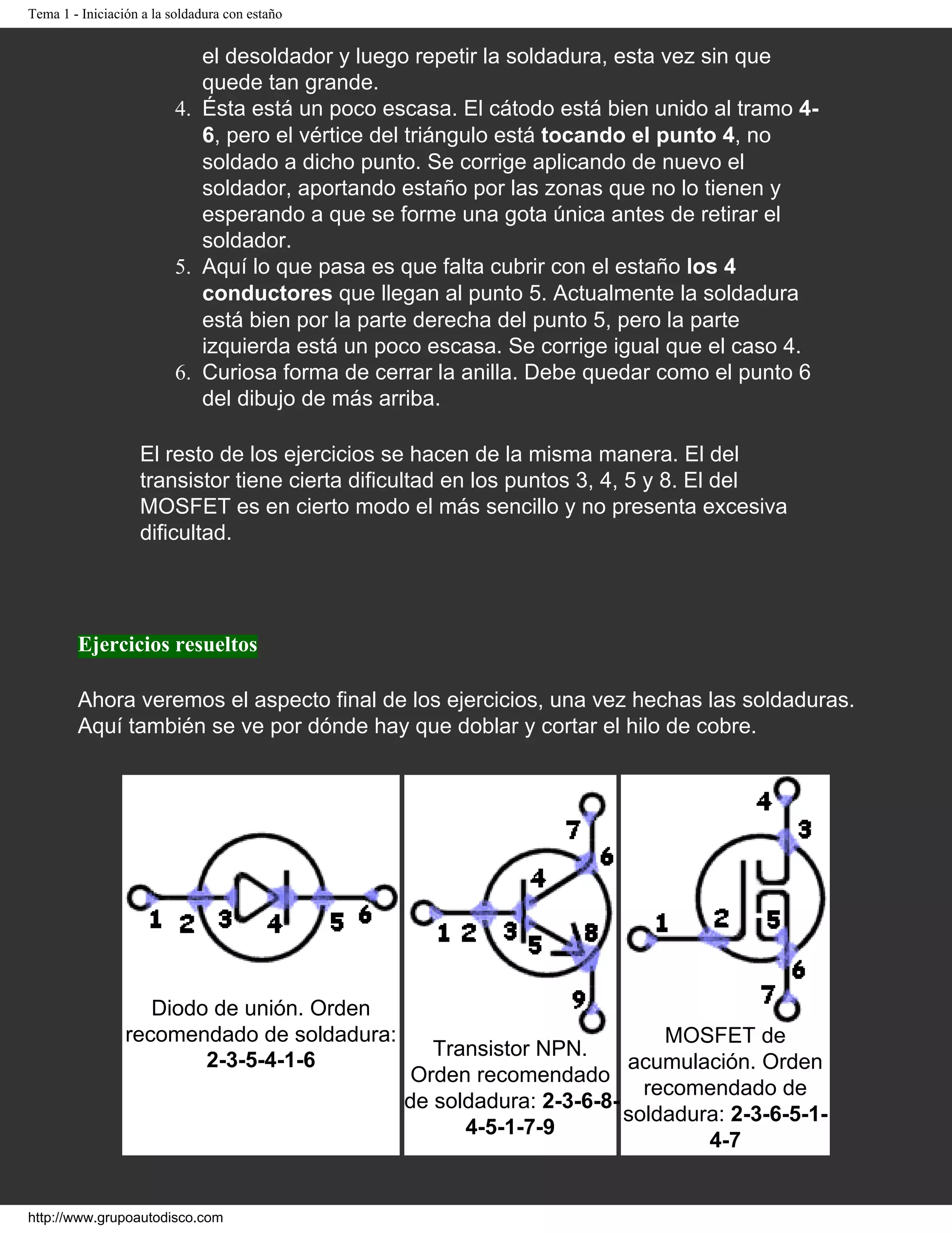 Tema 1 - Iniciación a la soldadura con estaño
el desoldador y luego repetir la soldadura, esta vez sin que
quede tan grande.
4. Ésta está un poco escasa. El cátodo está bien unido al tramo 4-
6, pero el vértice del triángulo está tocando el punto 4, no
soldado a dicho punto. Se corrige aplicando de nuevo el
soldador, aportando estaño por las zonas que no lo tienen y
esperando a que se forme una gota única antes de retirar el
soldador.
5. Aquí lo que pasa es que falta cubrir con el estaño los 4
conductores que llegan al punto 5. Actualmente la soldadura
está bien por la parte derecha del punto 5, pero la parte
izquierda está un poco escasa. Se corrige igual que el caso 4.
6. Curiosa forma de cerrar la anilla. Debe quedar como el punto 6
del dibujo de más arriba.
El resto de los ejercicios se hacen de la misma manera. El del
transistor tiene cierta dificultad en los puntos 3, 4, 5 y 8. El del
MOSFET es en cierto modo el más sencillo y no presenta excesiva
dificultad.
Ejercicios resueltos
Ahora veremos el aspecto final de los ejercicios, una vez hechas las soldaduras.
Aquí también se ve por dónde hay que doblar y cortar el hilo de cobre.
Diodo de unión. Orden
recomendado de soldadura:
2-3-5-4-1-6
Transistor NPN.
Orden recomendado
de soldadura: 2-3-6-8-
4-5-1-7-9
MOSFET de
acumulación. Orden
recomendado de
soldadura: 2-3-6-5-1-
4-7
http://www.grupoautodisco.com
 