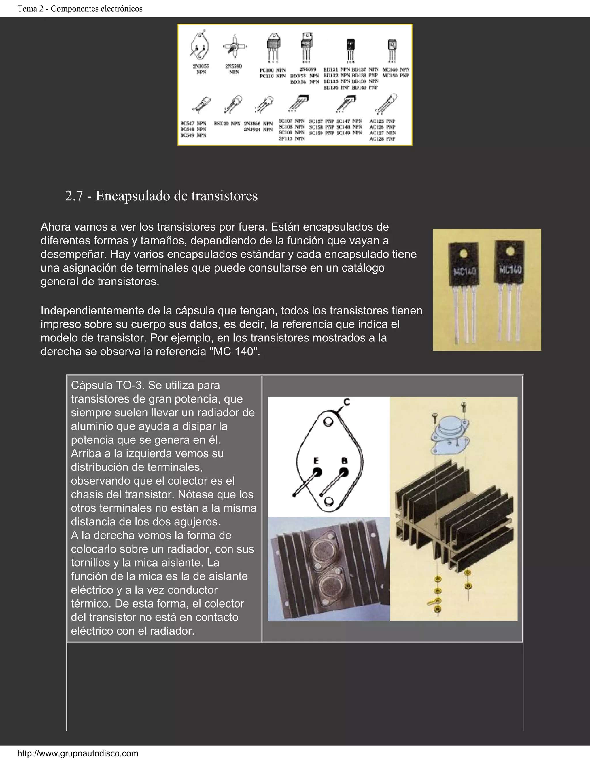 Tema 2 - Componentes electrónicos
2.7 - Encapsulado de transistores
Ahora vamos a ver los transistores por fuera. Están encapsulados de
diferentes formas y tamaños, dependiendo de la función que vayan a
desempeñar. Hay varios encapsulados estándar y cada encapsulado tiene
una asignación de terminales que puede consultarse en un catálogo
general de transistores.
Independientemente de la cápsula que tengan, todos los transistores tienen
impreso sobre su cuerpo sus datos, es decir, la referencia que indica el
modelo de transistor. Por ejemplo, en los transistores mostrados a la
derecha se observa la referencia "MC 140".
Cápsula TO-3. Se utiliza para
transistores de gran potencia, que
siempre suelen llevar un radiador de
aluminio que ayuda a disipar la
potencia que se genera en él.
Arriba a la izquierda vemos su
distribución de terminales,
observando que el colector es el
chasis del transistor. Nótese que los
otros terminales no están a la misma
distancia de los dos agujeros.
A la derecha vemos la forma de
colocarlo sobre un radiador, con sus
tornillos y la mica aislante. La
función de la mica es la de aislante
eléctrico y a la vez conductor
térmico. De esta forma, el colector
del transistor no está en contacto
eléctrico con el radiador.
http://www.grupoautodisco.com
 