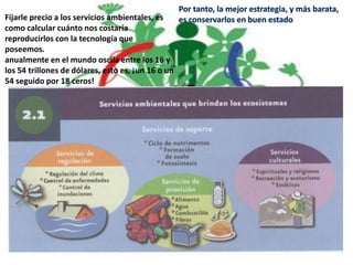 Fijarle precio a los servicios ambientales, es
como calcular cuánto nos costaría
reproducirlos con la tecnología que
poseemos.
anualmente en el mundo oscila entre los 16 y
los 54 trillones de dólares, esto es, ¡un 16 o un
54 seguido por 18 ceros!
 