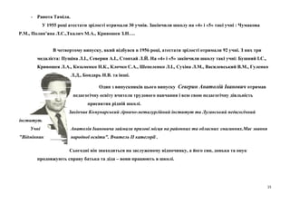 - Ранота Таміла.
У 1955 році атестати зрілості отримали 30 учнів. Закінчили школу на «4» і «5» такі учні : Чумакова
Р.М., Полив’яна Л.С.,Ткалич М.А., Кривошея З.Н….
В четвертому випуску, який відбувся в 1956 році, атестати зрілості отримали 92 учні. З них три
медаліста: Пущіна Л.І., Северин А.І., Стопхай Л.Й. На «4» і «5» закінчили школу такі учні: Бушний І.С.,
Кривошея Л.А., Козьменко Н.К., Клочко С.А., Шепеленко Л.І., Сухіна Л.М., Василевський В.М., Гуленко
Л.Д., Бондарь Н.В. та інші.
Один з випускників цього випуску Северин Анатолій Іванович отримав
педагогічну освіту вчителя трудового навчання і всю свою педагогічну діяльність
присвятив рідній школі.
Закінчив Комунарський гірничо-металургійний інститут та Луганський педагогічний
інститут.
Учні
"Відмінник

Анатолія Івановича займали призові місця на районних та обласних змаганнях.Має звання
народної освіти". Вчитель II категорії .
Сьогодні він знаходиться на заслуженому відпочинку, а його син, донька та онук

продовжують справу батька та діда – вони працюють в школі.

15

 