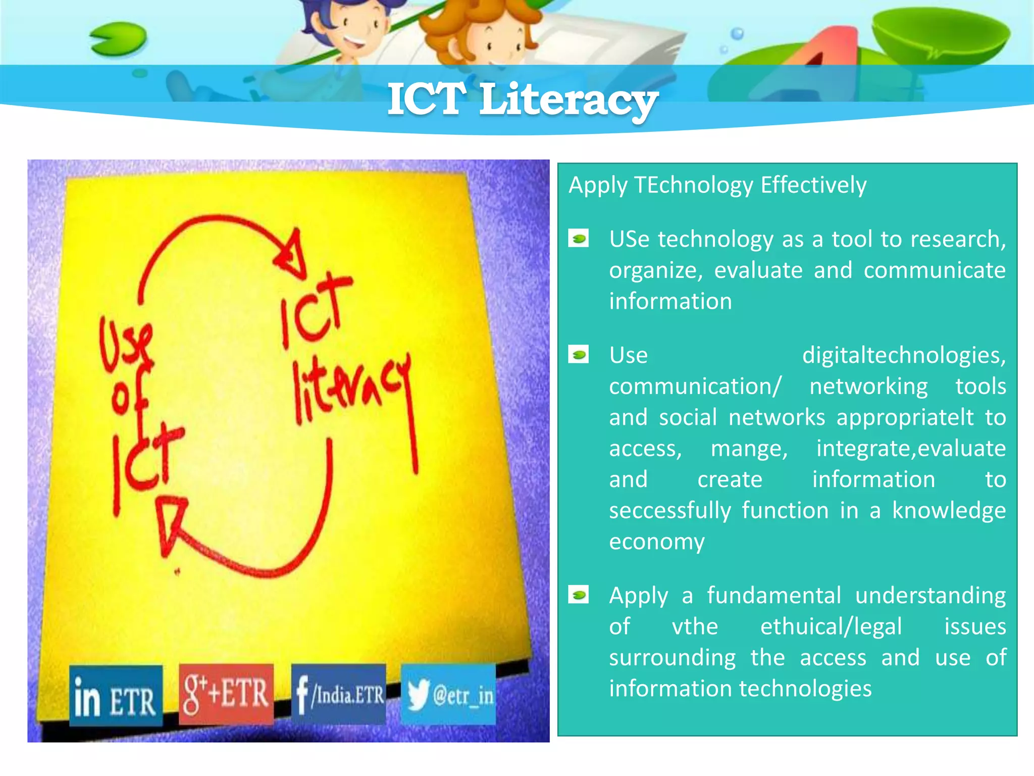 ICT Literacy
Apply TEchnology Effectively
USe technology as a tool to research,
organize, evaluate and communicate
information
Use digitaltechnologies,
communication/ networking tools
and social networks appropriatelt to
access, mange, integrate,evaluate
and create information to
seccessfully function in a knowledge
economy
Apply a fundamental understanding
of vthe ethuical/legal issues
surrounding the access and use of
information technologies
 