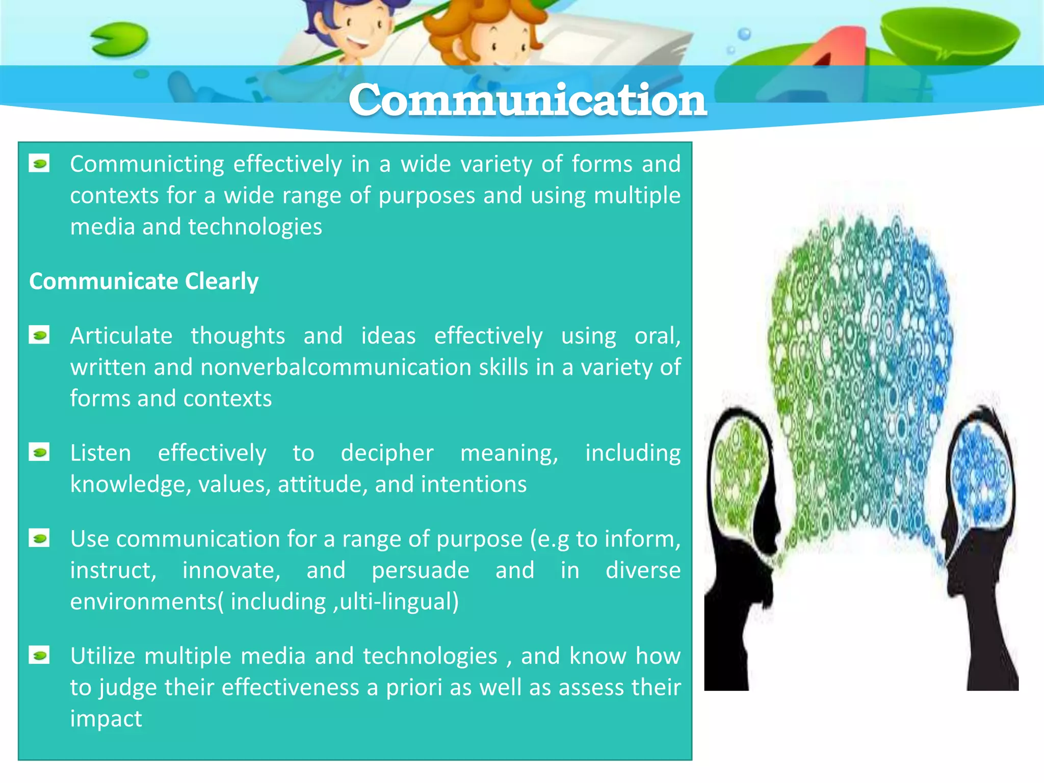 Communication
Communicting effectively in a wide variety of forms and
contexts for a wide range of purposes and using multiple
media and technologies
Communicate Clearly
Articulate thoughts and ideas effectively using oral,
written and nonverbalcommunication skills in a variety of
forms and contexts
Listen effectively to decipher meaning, including
knowledge, values, attitude, and intentions
Use communication for a range of purpose (e.g to inform,
instruct, innovate, and persuade and in diverse
environments( including ,ulti-lingual)
Utilize multiple media and technologies , and know how
to judge their effectiveness a priori as well as assess their
impact
 