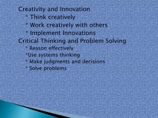 1. Creativity and Innovation
* Think creatively
* Work creatively with others
* Implement Innovations
2. Critical Thinking and Problem Solving
* Reason effectively
*Use systems thinking
* Make judgments and decisions
* Solve problems
 