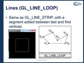 Lines (GL_LINE_LOOP)
• Same as GL_LINE_STRIP, with a
segment added between last and first
vertices
7Budditha Hettige
 