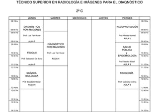 TÉCNICO SUPERIOR EN RADIOLOGÍA E IMÁGENES PARA EL DIAGNÓSTICO
2º C
LUNES MARTES MIERCOLES JUEVES VIERNES
08:15hs 08:15hs
DIAGNÓSTICO RADIOPROTECCIÓN
09:00 hs POR IMÁGENES 09:00 hs
09:00 hs 09:00 hs
Prof: Luis Ten Huver Prof: Matías Montiel
AULA 5
09:45 hs AULA 5 09:45 hs
09:45hs DIAGNÓSTICO 09:45hs
POR IMÁGENES SALUD
PÚBLICA
10:30 hs FÍSICA II Prof: Luis Ten Huver y 10:30 hs
10:30 hs EPIDEMIOLOGÍA 10:30 hs
Prof: Sebastían De Bona AULA 4
Prof: Natalia Malah
11:15 hs AULA 5 AULA 5 11:15 hs
11:15 hs 11:15 hs
QUÍMICA FISIOLOGÍA
12:00 hs BIOLÓGICA 12:00 hs
12:00 hs 12:00 hs
Prof: Elizabeth Malah Prof: Gabriela Andino
AULA 5 AULA 5
12:45hs 12:45hs
12:45 hs 12:45 hs
13:30 hs 13:30 hs
13:30 hs 13:30 hs
14:15 hs 14:15 hs
 