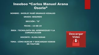 Ineeboo “Carlos Manuel Arana
Osorio”
NOMBRE : SHIRLEY RUBÍ GRAMAJO HIDALGO
GRADO: SEGUNDO
SECCIÓN : “D”
FECHA : 15-08-19
ÁREA : TECNOLOGÍA DEL APRENDIZAJE Y LA
COMUNICACIÓN
DOCENTE : ELIDA RODAS
TEMA : CÓMO BUSCAR Y DESCARGAR VIDEOS
EN YOUTUBE
 
