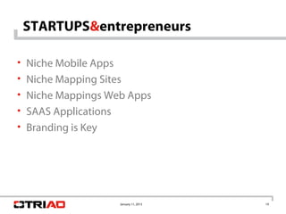 STARTUPS&entrepreneurs

• Niche Mobile Apps
• Niche Mapping Sites
• Niche Mappings Web Apps
• SAAS Applications
• Branding is Key




                      January 11, 2013   19
 