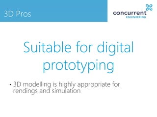 3D Pros



        Suitable for digital
           prototyping
 •   3D modelling is highly appropriate for
     rendings and simulation
 