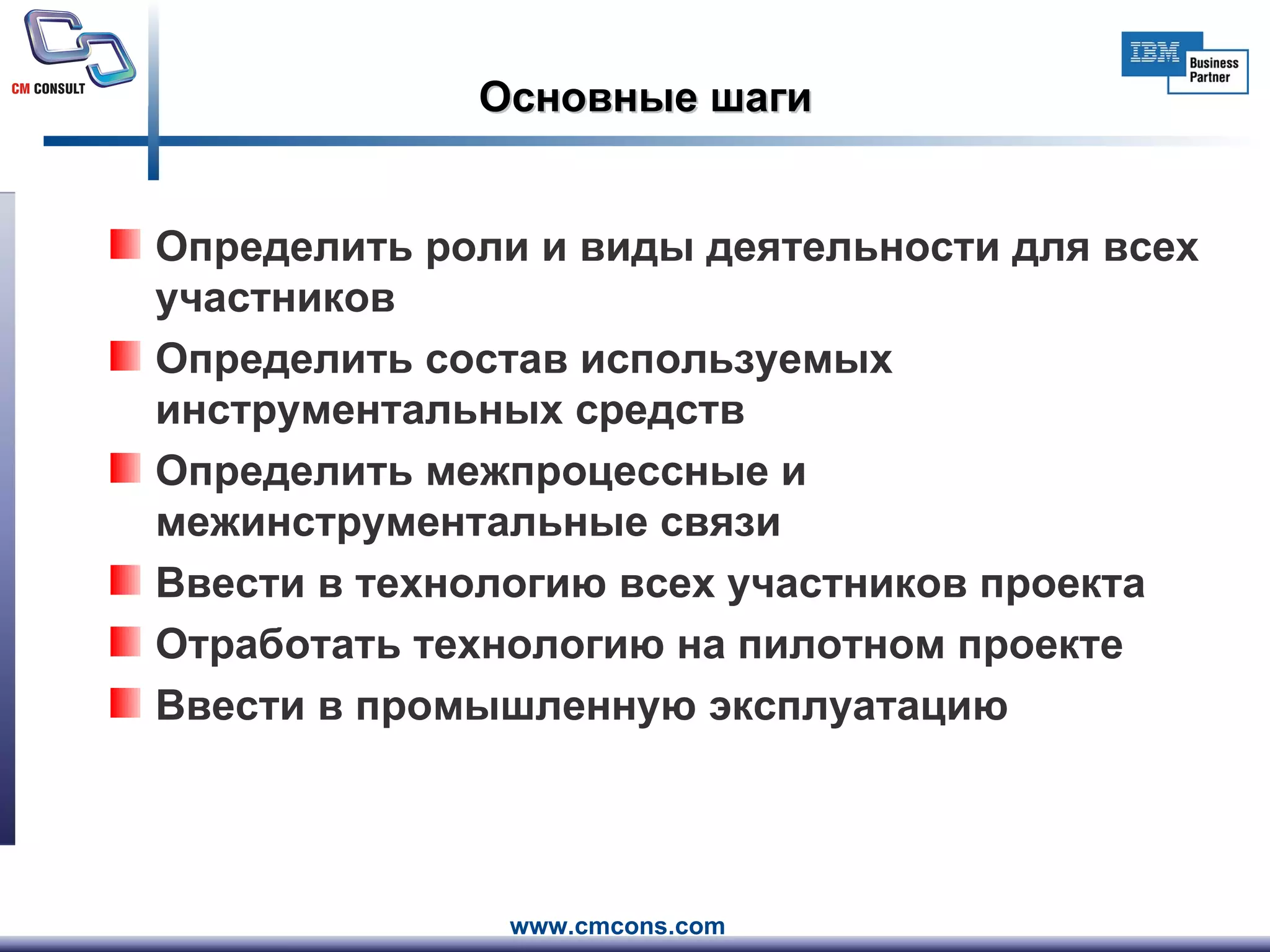 Основные шаги Определить роли и виды деятельности для всех участников Определить состав используемых инструментальных средств Определить межпроцессные и межинструментальные связи Ввести в технологию всех участников проекта Отработать технологию на пилотном проекте Ввести в промышленную эксплуатацию 