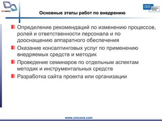 Основные этапы работ по внедрению Определение рекомендаций по изменению процессов, ролей и ответственности персонала и по дооснащению аппаратного обеспечения Оказание консалтинговых услуг по применению внедряемых средств и методик Проведение семинаров по отдельным аспектам  методик   и инструментальных средств Разработка сайта проекта или организации 