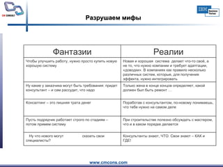 Разрушаем мифы Новая и хорошая  система  делает что-то своё, а не то, что нужно компании и требует адаптации, «доводки». В компаниях как правило несколько различных систем, которые, для получения эффекта, нужно интегрировать Чтобы улучшить работу, нужно просто купить новую хорошую систему Только жена в конце концов определяет, какой должен был быть ремонт … Ну какие у заказчика могут быть требования: придет консультант – и сам рассудит, что надо Консультанты знают, ЧТО. Свои знают – КАК и ГДЕ!  Ну что нового могут  сказать свои специалисты? При строительстве полезно обсуждать с мастером, что и в каком порядке делается Пусть подрядчик работает строго по стадиям – потом примем систему  Поработав с консультантом, по-новому понимаешь, что тебе нужно на самом деле Консалтинг – это лишняя трата денег Реалии Фантазии 