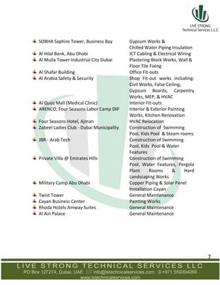 SOBHA Saphire Tower, Business Bay Gypsum Works &
Chilled Water Piping Insulation
Al Hilal Bank, Abu Dhabi ICT Cabling & Electrical Wiring
Al Mulla Tower Industrial City Dubai Plastering Block Works, Wall &
Floor Tile Fixing
Al Shafar Building Office Fit-outs
Al Arabia Safety & Security Shop Fit-out works including:
Civil Works, False Ceiling,
Gypsum Boards, Carpentry
Works, MEP, & HVAC
Al Quoz Mall (Medical Clinic) Interior Fit-outs
ARENCO, Four Seasons Labor Camp DIP Interior & Exterior Painting
Works, Kitchen Renovation
Four Seasons Hotel, Ajman HVAC Relocation
Zabeel Ladies Club - Dubai Municipality Construction of Swimming
Pool, Kids Pool & Steam rooms
JBR - Arab Tech Construction of Swimming
Pool, Kids Pool & Water
Features
Private Villa @ Emirates Hills Construction of Swimming
Pool, Water Features, Pergola
Plant Rooms & Hard
Landscaping Works
Military Camp Abu Dhabi Copper Piping & Solar Panel
Installation Cayan
Twist Tower General Maintenance
Cayan Business Center Painting Works
Rhoda Hotels Amway Suites General Maintenance
Al Ain Palace General Maintenance
7
 