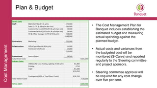 CostManagement
Plan & Budget
• The Cost Management Plan for
Banquet includes establishing the
estimated budget and measuring
actual spending against the
planned budget.
• Actual costs and variances from
the budgeted cost will be
monitored (S-Curve) and reported
regularly to the Steering committee
and project sponsors.
• Steering committee approval will
be required for any cost change
over five per cent.
 