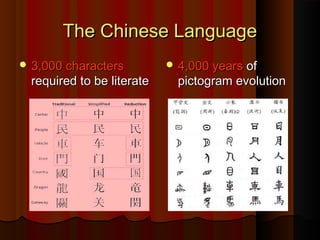 The Chinese LanguageThe Chinese Language
 3,000 characters3,000 characters
required to be literaterequired to be literate
 4,000 years4,000 years ofof
pictogram evolutionpictogram evolution
 