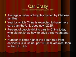 Car CrazyCar Crazy
Source: National Geographic, June, 2008Source: National Geographic, June, 2008
 Average number of bicycles owned by ChineseAverage number of bicycles owned by Chinese
families: 1.families: 1.
 Year by which China is expected to have moreYear by which China is expected to have more
cars than the U.S. does now: 2025.cars than the U.S. does now: 2025.
 Percent of people driving cars in China todayPercent of people driving cars in China today
who did not know how to drive three years ago:who did not know how to drive three years ago:
37.37.
 Number of times higher the death rate fromNumber of times higher the death rate from
accidents is in China, per 100,000 vehicles, thanaccidents is in China, per 100,000 vehicles, than
in the U.S.: 4.5in the U.S.: 4.5
 