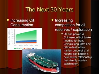 The Next 30 YearsThe Next 30 Years
 Increasing OilIncreasing Oil
ConsumptionConsumption
 IncreasingIncreasing
competition for oilcompetition for oil
reserves / explorationreserves / exploration
 Oil and power: AOil and power: A
Chinese-built oil tankerChinese-built oil tanker
heading for Iran.heading for Iran.
China's long-term $70China's long-term $70
billion deal to buybillion deal to buy
Iranian crude oil andIranian crude oil and
natural gas begins anatural gas begins a
new power relationshipnew power relationship
that deeply worriesthat deeply worries
Washington.Washington.
 