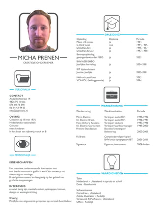 MICHA PRENEN
PERSONALIA
PERSOONLIJK
CONTACT
Anderlechtstraat 14
4826 PE Breda
076-88 78 398
06-14 43 44 65
info@signworx.nl
OVERIG
Geboren op 18 mei 1976
Nederlandse nationaliteit
Gehuwd
twee kinderen
In het bezit van rijbewijs van A en B
EIGENSCHAPPEN
Een creatieve, ondernemende doorzetter met
een brede interesse in graﬁsch werk.Van ontwerp tot
uitvoering en montage.
Breed geïnteresseerd en leergierig op het gebied van
graﬁsche toepassingen.
INTERESSES
creatief bezig zijn, meubels maken, opknappen, klussen,
design en woninginrichting.
Overig
Portfolio van uitgevoerde projecten op verzoek beschikbaar.
OPLEIDING
WERKERVARING
VAARDIGHEDEN
Werkervaring
Micro Electro
It's Electric Breda
HansVerkerk Keukens
It's Electric Gorinchem
Preview Standbouw
P.I. Breda
Signworx
Werkzaamheden
Verkoper audio/HiFi
Verkoper audio/HiFi
Verkoper keukens
Verkoper/ass floormanager
Bouwen/ontwerpen/
Belettering
Complexbeveiliger/cipier/
BHV/crisis-opvangteam/IBT
Eigen reclamebureau
Periode
1995-1996
1996-1997
1997-1998
1999-2000
2000-2005
2001-2011
2006-heden
Opleiding
Mavo c/d niveau
C.I.O.S Goes
Detailhandel 1
Detailhandel 2/3
Beroepsopleiding
gevangenbewaarder MBO
BHV/AED/EHBO
Jaarlijkse herhaling
IBT bijstandsteam
Justitie, jaarlijks
Heftruckcertificaat
VCAVOL (leidinggevende)
Diploma
ja
nee
ja
ja
ja
ja
ja
ja
ja
Periode
1994
1994-1995
1996-1997
1997-1998
2003
2004-2011
2005-2011
2013
2014
Talen
Nederlands - Uitstekend in spraak en schrift
Duits - Basiskennis
Softwarekennis
Coreldraw - Uitstekend
Adobe Illustrator - Redelijk
Versawork RIPsoftware - Uitstekend
Office - Redelijk
CREATIEVE ONDERNEMER
 