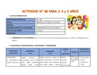 ACTIVIDAD N° 08 PARA 3, 4 y 5 AÑOS
IV.DATOS INFORMATIVOS
INSTITUCIÓN EDUCATIVA: 277 - 42
FECHA: MIÉRCOLES 24 DE MAYO DEL 2023
SEMANA 11
DENOMINACIÓN DE LA ACTIVIDAD: ORGANIZAMOS UN DÍA DE FAMILIA
EDAD DE LOS NIÑOS: 3 y 4 años
PROFESORA: Lili
V. PROPÓSITO DE LA ACTIVIDAD: Que las niñas y los niños hacen propuestas para jugar y se ubican y se desplazan en el
espacio.
VI. SELECCIÓN DE COMPETENCIAS, CAPACIDADES Y DESEMPEÑOS:
COMPETENCIA/
CAPACIDADES
DESEMPEÑOS
3 años
DESEMPEÑOS
4 años
CRITERIO
DE
EVALUACIÓN
EVIDENCIAS
INSTRUMENTO
DE EVALUACIÓN
PSICOMOTRIZ
Se desenvuelve de
manera autónoma a
Realiza acciones y
movimientos como correr,
saltar desde pequeñas
alturas, trepar, rodar,
Realiza acciones y juegos de
manera autónoma, como correr,
saltar, trepar, rodar, deslizarse,
hacer giros, patear y lanzar
Realiza
acciones
motrices
básicas como
Participa de
los juegos
integrando a
todos.
- Ficha de mapa
de calor.
- Cuaderno de
campo.
 