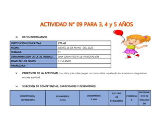 ACTIVIDAD N° 09 PARA 3, 4 y 5 AÑOS
IV. DATOS INFORMATIVOS
INSTITUCIÒN EDUCATIVA: 277-42
FECHA: JUEVES 25 DE MAYO DEL 2023
SEMANA 11
DENOMINACIÓN DE LA ACTIVIDAD: UNA GRAN FIESTA DE INTEGRACIÓN
EDAD DE LOS NIÑOS: 3 Y 4 AÑOS
PROFESORA:
V. PROPÓSITO DE LA ACTIVIDAD: Los niños y las niñas juegan con otros niños respetando los acuerdos e integrándose
en cada actividad.
VI. SELECCIÓN DE COMPETENCIAS, CAPACIDADES Y DESEMPEÑOS:
COMPETENCIA/
CAPACIDADES
DESEMPEÑOS
3 años
DESEMPEÑOS
4 años
CRITERIO
DE
EVALUACIÓN
EVIDENCIA
S
INSTRUME
NTO DE
EVALUACI
ÓN
 