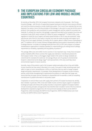 24 Virtuous circle:	 How the circular economy can create jobs and save lives in LOW AND MIDDLE-INCOME countries
	 9	 The European Circular Economy Package
and implications for low and middle-income
countries
As recently as December 2015, the European Commission released a set of proposals – the Circular
Economy Package – with the aim of supporting European businesses to become more resource-efficient
and move the economy towards a circular closed-loop system. The re-use of raw materials that are now
disposed of as waste is one of the key principles of the package. It also aims to cover the full life cycle of
products: from production and consumption to waste management and the market for secondary raw
materials. To achieve this transition, the package is supported financially by the European Structural and
Investment Funds (ESIF), which includes €5.5 billion for waste management.86
In March 2016, a new
regulation to boost the use of organic and waste-based fertilisers in the EU was also presented. Today
only five per cent of the EU’s bio-waste is recycled, but more bio-waste recycling could replace up to
30 per cent of non-organic fertilisers. (Currently, the EU imports about 6 million tonnes of phosphates a
year.87
) In addition, the EU Circular Economy Package addresses future product requirements under the
Ecodesign directive. It includes an Ecodesign work plan from 2015 to 2017 and a request to European
standardisation organisations to develop standards on material efficiency for setting future Ecodesign
requirements on durability, reparability and recyclability of products.88
This package affects low and middle-income countries in two important ways. Firstly, future European
product standards affect those countries that supply raw materials or manufacture products for
the European market. In fact, as the biggest single market in the world, EU design standards set
a benchmark for standards the world over. On average, 80 per cent of a product’s environmental
footprint is determined at the design stage,89
and improvements in this area could help reduce
environmental impacts in source countries.
Secondly, many of the products used in the European market eventually end up in low and middle-
income countries (as Case study D illustrates). As a result, if we want to make something easier (and
safer) to repair, re-use or remanufacture in Africa or South Asia, then we need to change European
design and product requirements. For example, future developments of European circular economy
policies could include strengthening EU requirements for products to make them last longer and
ensure that they are easier and less hazardous to disassemble and re-assemble, as well as compelling
manufacturers to publish information to aid product repair.
Cooperation on some of these issues with supply chain partners of European businesses has already
been initiated. In particular, SMEs in low and middle-income countries require support to implement
Ecodesign principles and enhance the quality of product components supplied to European markets.
Circular economy principles and approaches have therefore been included in some of the EU’s external
development cooperation programmes, the most prominent example of which are the SWITCH
Programmes, which encompass the SWITCH-Asia Programme, SWITCH-Mediterranean and, most
recently, the SWITCH Africa Green Programme.
	86	 http://europa.eu/rapid/press-release_IP-16-827_en.htm
	87	Ibid
	88	 European Commission (2015) ‘Closing the loop: an EU action plan for the circular economy’, available at http://ec.europa.eu/environment/
circular-economy/index_en.htm
	89	 How Ecodesign can help the environment by making products smarter. European Commission: http://ec.europa.eu/DocsRoom/documents/5187/
attachments/1/translations/en/renditions/native
 