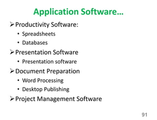 Application Software…
Productivity Software:
• Spreadsheets
• Databases
Presentation Software
• Presentation software
Document Preparation
• Word Processing
• Desktop Publishing
Project Management Software
91
 