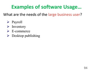 Examples of software Usage…
What are the needs of the large business user?
94
 Payroll
 Inventory
 E-commerce
 Desktop publishing
 