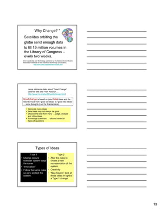 13
Why Change? *
Satellites orbiting the
globe send enough data
to fill 19 million volumes in
the Library of Congress –
every two weeks.
(from Leadership and Technology, published by the National School Boards
Association's Institute for the Transfer of Technology to Education.)
http://www.nsba.org/sbot/toolkit/chnsoc.html
Jamie McKenzie talks about “Good Change”
(see her web site From Now On …
http://www.fno.org/jun00/goodchange.html)
Good change is based on good new ideas and the
need to move from “good old ideas” to “good new ideas”
… some thoughts (Luc De Branbandere):
• Generate many ideas
• New ideas may not always be good
• Choose the best from many … judge, analyze
and refine ideas
• Encourage questions … lots and varied in
types of questions
Types of Ideas
Type 1
• Change occurs
however system stays
the same.
• “Innovation”
• Follow the same rules
so as to protect the
system.
Type 2
• Alter the rules to
create a new
representation of the
system.
• Creativity
• “Nay-Sayers” look at
these ideas in light of
a Type 1 change.
 