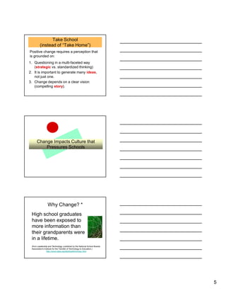 5
Take School
(instead of “Take Home”)
1. Questioning in a multi-faceted way
(strategic vs. standardized thinking)
2. It is important to generate many ideas,
not just one.
3. Change depends on a clear vision
(compelling story).
Positive change requires a perception that
is grounded on:
Change Impacts Culture that
Pressures Schools
Why Change? *
High school graduates
have been exposed to
more information than
their grandparents were
in a lifetime.
(from Leadership and Technology, published by the National School Boards
Association's Institute for the Transfer of Technology to Education.)
http://www.nsba.org/sbot/toolkit/chnsoc.html
 