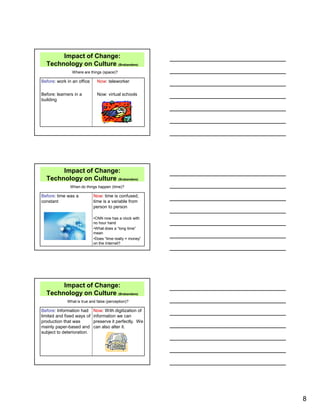 8
Impact of Change:
Technology on Culture (Brabandere)
Before: work in an office
Before: learners in a
building
Now: teleworker
Now: virtual schools
Where are things (space)?
Impact of Change:
Technology on Culture (Brabandere)
Before: time was a
constant
Now: time is confused,
time is a variable from
person to person
•CNN now has a clock with
no hour hand
•What does a “long time”
mean
•Does “time really = money”
on the Internet?
When do things happen (time)?
Impact of Change:
Technology on Culture (Brabandere)
Before: Information had
limited and fixed ways of
production that was
mainly paper-based and
subject to deterioration.
Now: With digitization of
information we can
preserve it perfectly. We
can also alter it.
What is true and false (perception)?
 