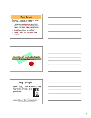 9
Take School
1. Learner/teacher relationship is changing …
learners know something that teachers don’t,
however, this doesn’t mean that the learners’
knowledge is accurate or wisely used.
2. “Rules” of information are changing.
3. “Space”, “Time”, and “Perception” have
changed.
Technology’s impact on society and the culture
needs to be understood by schools.
Examples of How Technology Is
Changing Learning
Why Change? *
Every day, 7,000 scientific and
technical articles are
published.
(from Leadership and Technology, published by the National School Boards
Association's Institute for the Transfer of Technology to Education.)
http://www.nsba.org/sbot/toolkit/chnsoc.html
 