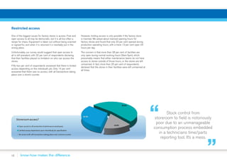 12
Restricted access
One of the biggest issues for factory stores is access. Free and
open access to all may be democratic, but it is all-too-often a
recipe for chaos. Equipment is taken out without being scanned
or signed-for, and when it is returned it is inevitably put in the
wrong place.
Unfortunately, our survey would suggest that open access to
all is still prevalent, with 32 per cent of respondents declaring
that their facilities placed no limitation on who can access the
stores.
Fifty-two per cent of respondents answered that there is limited
access depending on the individual’s job. Only 14 per cent
answered that there was no access, with all transactions taking
place over a store’s counter.
However, limiting access is only possible if the factory store
is manned. We asked about manned opening hours for
factory stores and found that only 23 per cent opened during
production operating hours, with a mere 13 per cent open 24
hours per day.
The concern is that more than 38 per cent of facilities are
only open during normal working hours (9am-5pm), which
presumably means that either maintenance teams do not have
access to stores outside of those hours, or the stores are left
unmanned. In fact, more than 25 per cent of respondents
declared that the stores in their facilities were left unmanned at
all times.
Stock control from
storeroom to field is notoriously
poor due to an unmanageable
consumption process embedded
in a technicians time/parts
reporting tool. It’s a mess.
 