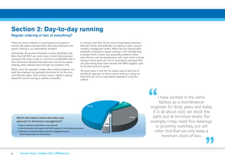 8
Section 2: Day-to-day running
Regular ordering or two of everything?
There are various methods of sourcing parts and spares in
industry. We asked what description best described parts and
spares ordering in our respondents’ facilities?
Interestingly, the answers illustrated a clearly identifiable split.
More than half (55.7 per cent), many of whom had previously
answered that stock is kept to a minimum sub-£50,000 level in
their storerooms, declared that parts were sourced by regular
ordering, which reduces stock but eats into engineer time.
What’s more, this approach creates other related problems, not
least that engineers are generally disinclined to find the most
cost-effective option. Their primary concern, rightly, is getting
equipment up and running as quickly as possible.
In contrast, more than 33 per cent of respondents answered
that their facility used automatic re-ordering of parts using an
inventory management system. Whilst, this can improve parts
availability compared to regular ordering, it will inevitably lead
to greater levels of stock and, potentially, problems further
down the line, such as obsolescence, with stock which is slower
moving. A mere seven per cent of respondents answered that
only fast-moving items were stocked with MRO suppliers used
for all other parts and spares.
The good news, is that the “we always keep at least two of
everything” approach to factory stores stocking is dying out.
Only three per cent of respondents admitted to using this
method.
I have worked in the same
factory as a maintenance
engineer for thirty years and today
it is all about cost; we stock the
parts but at minimum levels. For
example, I may need four bearings
or proximity switches, but will
often find that we only keep a
minimum stock of two.
 