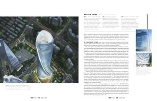 Above: the unique, twisting exterior of the
shanghai tower is more than a design element.
it also funnels wind to generators that create
power to help run some lights in the building.
came a quantum leap in this modern skyscraper race, comparable to when the United
States put a man on the moon. The Burj Khalifa (originally called Burj Dubai) didn’t just
supplant the previous record-holder, Taipei 101 (1,667 feet), as tallest tower in 2010. At
2,717 feet, this super-duper monolith silenced all discussion. For a time, at least.
In the interim, other values aside from absolute height emerged within the sky-
scraper construction community, such as quality, inventive design and overall urban
planning. Such values are reflected in the design of Shanghai Tower.
“TheanalogytotheSpaceRacemakessense,”saysDanielSafarik,aneditorattheCoun-
cilforTallBuildingsandUrbanHabitat(CTBUH),officialarbitratorofskyscraperheightand
the source of general information about records set. Just as Russia and the United States
pushed each other to explore space—and made major science discoveries as a result—the
skyscraper boom has spurred innovative construction techniques and energy efficiencies.
“Shanghai Tower is a really ambitious building,” Safarik says. “We see a lot of proj-
ects hyped as green projects, where some energy-saving features are tacked on, but
this is probably one of the best examples of integration of environmental features that
we have ever seen.”
For instance, wind is carefully funneled by the unique twisting exterior of the tower,
and generators will harvest power for some of the lighting. Massive atriums, up to 14
stories high, run all the way up the skyscraper and not only showcase virtual sky for-
ests, but also contribute natural heating and cooling. The foundation required world-
record volumes of concrete, but underground heat is also harnessed for additional
warmth and power. In all, these sustainable strategies are designed to reduce Shanghai
Tower’s carbon footprint by 34,000 metric tons annually.
“This has been a long journey, the eight or nine years from concept to completion,”
Price says. “Working in China is always a challenge, but so much more so with this
building.” Most distinctive is its shape and shimmer. The glass tower appears to twist
as it rises. Actually it does twist—at least its skin does. “A lot of these funky shapes we
see in buildings nowadays are driven by technology,” Price continues. “Now, we can
design in three dimensions, and you can take risks that you couldn’t before. Comput-
ers do the math. This building is really driven by the desire to explore,” he says. “This
building really pushed the limits.”
“There are just so many amazing things here,” marvels Safarik of CTBUH. “You
have the sky areas, the twisting, the greenery and public space. We’ve seen some of
these things in other buildings, but what is unusual is the scale and size.” Next year
the observation deck is expected to open, set to be the highest in the world. Visitors to
the observation deck at the SWFC tower found that when they stood on the glass floor
and looked down, it seemed as though they were hovering atop the Jin Mao Tower—a
deliberate statement of dominance. The Shanghai Tower will soon reveal how fleeting
the feeling of being the big guy really is. l
above: shanghai tower’s
outer skin twists around
the base, providing its
swirling effect. Massive
atriums, up to 14 stories high,
ring the building all the way
to the top floors.
“So many things are com-
pletely new, never tried before,
like the double skin of the
exterior,” says architect Rob-
ert Price. Super-tall structures
now use curtain-wall construc-
tion. Instead of heavy walls,
Shanghai Tower’s exterior
cladding is draped over a core
structure, like an umbrella.
MADE IN CHINA SHAPED BY TECHNOLOGY
The tower’s twisting
appearance comes from a
clever use of two curtain walls.
“Think of a circle, than draw
a triangle over. They meet at
three points,” explains Dennis
Poon, vice chairman of Thorn-
ton Tomasetti, which provided
structural engineering.
The area outside the circle
forms the expansive atriums,
big enough for forests of
trees, and space for restau-
rants and other community
activities. This triangle of glass
rotates as the Shanghai Tower
elegantly rises. “The twisting
is like a girl’s skirt,” Poon adds,
“as she is dancing.”
52 Summer 2014 53 Summer 2014
 