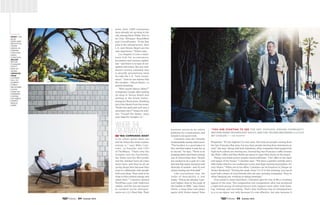 more than 3,000 companies
have already set up shop in the
city, among them Viddy, Vow to
be Chic, Whisper, BeachMint
and CrowdFunder. “If the Bay
area is the infrastructure, then
L.A. and Silicon Beach are the
user experience,” Wilson says.
Los Angeles is now a legiti-
mate hub for accelerators,
incubators and venture capital-
ists—and there is no lack of out-
spoken advocates, like one well-
known venture capitalist who
is proudly proclaiming what
he calls the L.A. “tech renais-
sance.” And no one denies that
the moniker—Silicon Beach—is
potent branding.
“Who needs Silicon Valley?”
trumpeted Google after setting
up shop in Venice Beach and
settling in the Frank Gehry–
designed Binoculars Building
just a few blocks from the ocean.
“Prefer the sand and surf over a
mountain view?” teases its web-
site. “Forget the Valley—pack
your bags for Google L.A.”
Wherethe
creativityis
Wherethe
creativityis
Wherethe
creativityis“Big companies want
to be where great ideas are
and be where the most creative
energy is,” says Mike Colo-
simo, co-founder and CEO
of ThrdPlace. “That’s why the
Googles and the Facebooks,
the Intels and the Microsofts
and the Adobes have all come
down here, and they’ve all set
up big shops here because they
want to collabo­rate with people
with new ideas. They want to be
close to this creative energy and
talent here.” Colosimo started
ThrdPlace.com with DeKoven
Ashley, and the two are known
as resident social entrepre-
neurs on L.A.’s West Side. Their

Right: The
blue
skies and
beautiful
views
serve as
inspira-
tion for
many
startups.
below:
bitium
founder
scott
kriz at
work.
opposite
page:
Ian mur-
phy, of
murphy
public
relations,
chats
over his
morning
coffee
on abbot
kinney
boule-
vard.
business serves as an online
platform for communities and
brands to do good work.
Colosimo cites the virtually
inexhaustible nearby talent pool.
“The location is a good place to
live, and that makes it easy for us
to recruit,” he says. “There is an
amazing talent pool that’s coming
out of universities here. People
are excited to be a part of a city
that has that many resources and
diversity of market—and it’s sort
of just coming out of its shell.”
Like everywhere else, the
index of desirability is real
estate. “Prices are already 3 per-
cent higher than at the peak of
the bubble in 2006,” says Diane
Dorin, a long-time real estate
agent with Venice-based Teles
Properties. “It’s the highest I’ve ever seen. Not only are people coming from
the San Francisco Bay area, but you have people moving from downtown as
well,” she says. Along with tech industries, other companies that support the
high-tech culture are moving too. Several big San Francisco coffee houses
like Philz Coffee and Blue Bottle are about to open their doors on the beach.
Rising real estate prices inspire resourcefulness. “Our office is the back
unit space of my house,” Colosimo says. “We have a garden outside and a
little trailer which is our conference room, and dogs running everywhere. It’s
very Venice.” When not at his office, Colosimo can be found at Le Zinque on
Venice Boulevard. “During the week, from 7 to 11 in the morning, you see at
least half a dozen of your friends who are also running companies. They’re
either hanging out, working or taking meetings.”
If he needs to meet elsewhere, Colosimo opts for one of 40 co-working
spaces in the area. The cooperation-not-competition ethic has produced
a tight-knit group of entrepreneurs who support each other with fund-
ing, strategy and recruiting. That’s why EarPeace has its headquarters
in a co-op space: not only because it’s cost effective, but also because it
“You are starting to see the art, fashion, design community
become more technology savvy, and the techies becoming a little
bit cooler. — ian murphy
64 Summer 2014 65 Summer 2014
 