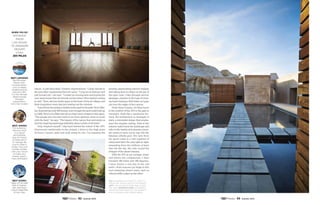 WHEN YOU GO
Distance
from
Las Vegas
to Amangiri
Resort,
Utah:
265 miles
Best Dining
For authentic
Mexican food
in a casual
atmosphere,
stop at Irmita’s
(irmitas.net) in
St. George. Be
sure to order a
mulita—two corn
tortillas stuffed
with your choice
of meat, plus
cheese, guaca-
mole and beans.
best lodgings
Red Mountain
Resort (red-
mountainresort.
com) is ideally
situated among
red rock cliffs.
For the ultimate
desert escape
Amangiri
(amanresorts.
com) has no peer.
best scenic
Valley of Fire State
Park in Overton,
Nev., and Snow
Canyon State Park
in Ivins, Utah.
serenity, appreciating nature’s majesty
and taking time to reflect on the joy of
the open road. I hike through narrow
passages, clamber to the tops of rocks,
my heart beating a little faster as I gaze
out over the edges of the canyon.
From Snow Canyon, it’s three hours
in the comfort of the ATS to the gate to
Amangiri. Built like a sandstone for-
tress, the architecture at Amangiri is
stark, a minimalist design that empha-
sizes the singular setting. Slats in the
exterior walls frame the landscape and
refer to the nearby slot canyons; a boul-
der seems to have cut its way into the
fabulous infinity pool. The view from
my guest room is a vast expanse of
untouched land, the only light at night
emanating from the millions of stars
that dot the sky, the only sound the
whisper of the desert breezes.
With the ATS as my carriage, music
and nature my companions, I have
traveled 240 miles and 180 degrees.
I have drawn a red line in the red
earth—from raucous Las Vegas to this
soul-cleansing desert oasis, each as
other­worldly a place as the other.
nature. A self-described “western impressionist,” Cazier moved to
the area after vacationing there for years. “I was an art director and
just burned out,” she says. “I ended up moving here and buying the
very same house that my friends owned when I first started coming
to visit.” Now, she has studio space in the heart of the art village, and
finds inspiration every day just looking out the window.
Saved from becoming a mobile home park by founder Terry Mar-
ten, Kayenta has only 450 homes, even though the land could hold up
to 2,000. Terry’s son Matt marvels at what’s been created in this space.
“The people who live here tend to be more spiritual, more in touch
with the land,” he says. “The beauty of the nature that surrounds us
and the inspiring landscape definitely attract artists of all kinds.”
Duly inspired myself, I slip back behind the wheel of the ATS.
Ensconced comfortably in the cockpit, I drive to the high point
of Snow Canyon, park and walk along its rim. I’m enjoying the
top: Amangiri is a perfect spot to
focus on your place in the world.
left: The ats gets some RR along
the way. opposite page: Amangiri’s
architecture nods to the desert’s
slot canyons and stream beds.
92 Summer 2014 93 Summer 2014
 