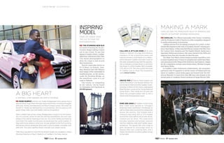 the stunning new elr
is a work of moving art, its pro-
vocative design making it stand
out in any crowd. To use that
appeal to inspire others, Cadillac
asked four well-known New York
City–based photographers to
drive the coupe in and around
their hometowns.
Derrick Jones (also known as
DJ D-Nice), Liz Eswein, Jona-
than Mannion and 13th Witness
took images of the automobile in
neighborhoods, on the streets,
under the Brooklyn Bridge, on
the waterfront—even in a car
wash in Flatbush.
The results, as compelling
as the vehicle, can be found
on Instagram and Facebook at
#ELRExposure.
Rose Murphy and her son Teddy Bridgewater have always had a
special bond. It got them through many hard times, including struggles
with jobs, money, homelessness and Rose’s breast cancer. She never let
herself or Teddy be defeated by circumstances, and focused on the
good things: their love and Teddy’s skill on the gridiron.
After a stellar high school career, Bridgewater moved on to the Univer-
sity of Louisville, where he was the starting quarterback. His mom was
always in the stands cheering on her son. As a child, Teddy promised his
mom that if he made it to the pros, he would give her a pink Cadillac. In
May, both those dreams came true. He was drafted in the first round by
Minnesota and he presented Rose with a pink Escalade complete with
pink rims. The color signifies Rose’s triumph over breast cancer.
Their story was told in a short film by director Spike Lee, revealed on Good
Morning America on May 6. Watch it on Cadillac's YouTube channel.
A big heart
Cadillac hands over
the elr to four top
photogrAPHERS
Inspiring
model
a Football star honors his mom’s courage
Above Par // Patrick Reed edged out
Jamie Donaldson and Bubba Watson by
one stroke to take home the Cadillac Cham-
pionship in March at the newly redesigned
Blue Monster course at the Trump National
Doral Miami. That made this 23-year-old
Texan the youngest player ever to win a
World Golf Championship event.
dine and dash // Cadillac invited more
than 1,000 lucky people to Chicago’s
Perennial Virant and Miami’s The Bazaar, as
well as three other buzzworthy restaurants
across the country. The invitees had a
chance to test-drive ATS or CTS models
around the cities before the private dinner
created just for them. The experience
included question-and-answer sessions
with the celebrity chefs and Cadillac repre-
sentatives. The guests left with a bag of
gifts designed to encourage them to
explore their own cooking skills, and a
hearty introduction to what Cadillac brings
to the table.
calling a stylish ride // At auto
shows in Detroit, Chicago and Geneva,
members of the automotive press and
industry arrived in style thanks to a collabo-
ration between Cadillac and Uber. Users of
the Uber smartphone app had the opportu-
nity to request a private driver to and from
the shows in a 2014 Cadillac SRX, Escalade,
CTS, ATS or XTS. The only cost for this taste
of Cadillac was to share the experience
using #UberCadillac.
Cadillac, The Official Automobile of the Oscars,®
is teaming
with the Producers Guild of America in a film competition designed
to enable achievement in producing.
Cadillac and the PGA are asking producers for a three- to five-
minute film inspired by the work of Academy Award®
–winning pro-
ducer Saul Zaentz. A three-time Best Picture winner (One Flew Over
the Cuckoo’s Nest, Amadeus and The English Patient), Zaentz was a
legendary Hollywood producer. His career started in the 1970s and
spanned more than four decades; he died this year.
The Make Your Mark contest (makeyourmarkcompetition.com),
in which hopefuls have 51 hours to complete and submit their films,
was announced at the Tribeca Film Festival in April (below). Judges
for the competition include actors Kathy Bates, Michael Douglas
and Danny DeVito.
In Cadillac’s other Hollywood collaborations, the automaker
partnered with W magazine to tell the stories of Hollywood’s top
talent on Cadillac’s social media pages and teamed with The Hol-
lywood Reporter to toast more than 400 stars and moguls at the
annual salute to Academy Award nominees at Spago Beverly Hills.
Cadillac and the producers guild of america join
forces to support aspiring producers
making a mark
oppositepage:TeddyBridgewater:©DerekGil,2014;Brooklynbridge:lizeswein;thispage:Phones:UberTechnologies,Inc.
S p e c t r u m / D i s c o v e r i e s
8 Summer 2014 9 Summer 2014
 