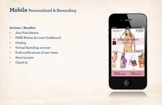 Mobile Personalized & Rewarding
Actions / Beneﬁts:
•! Join Pink Nation
•! PINK Nation Account Dashboard
•! Catalog
•! Virtual Spending account
•! Push notiﬁcations of new items
•! Store Locator
•! Check In
 
