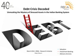 • Valuation
• Investment Banking
• Advisory Services
Unmasking the Mystery of Stressed Assets in the Indian Banking System
March 2016 | RBSA - Research Initiative
https://rbsa.in
Debt Crisis Decoded
 