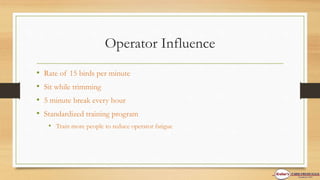 Operator Influence
• Rate of 15 birds per minute
• Sit while trimming
• 5 minute break every hour
• Standardized training program
• Train more people to reduce operator fatigue
 